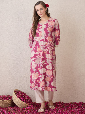 Indo Era Women Floral Print Straight Kurta(Purple)