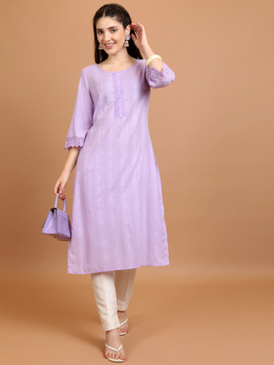 Vishudh Women Embroidered Straight Kurta(Purple)