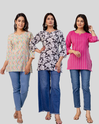 Dangra Women Printed Tunic Kurta(Pink, Multicolor, Black)