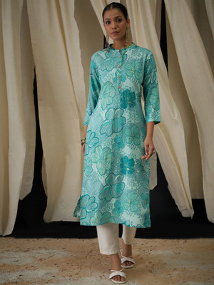ANOUK Women Embroidered Straight Kurta(Blue)