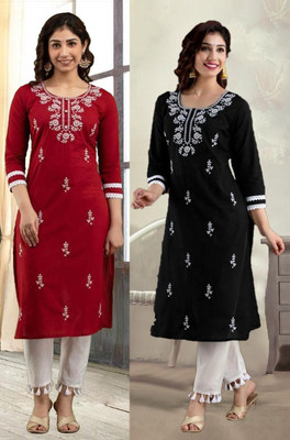 SISTO Women Chikan Embroidery Straight Kurta(Multicolor)