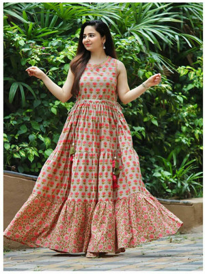 ABEERIA Women Printed Anarkali Kurta(Beige)
