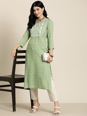 Deepyog Women Printed Straight Kurta(Green)