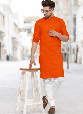 Krisha trend Men Solid Straight Kurta(Orange)