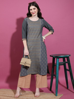 Vishudh Women Printed Straight Kurta(Grey)
