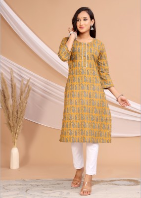 wakshi Women Self Design Straight Kurta(Yellow, Grey)