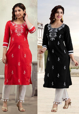 vikshi Women Chikan Embroidery A-line Kurta(Multicolor)