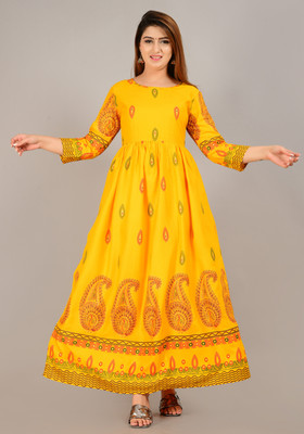 MEWEAR Women Printed Anarkali Kurta(Yellow)