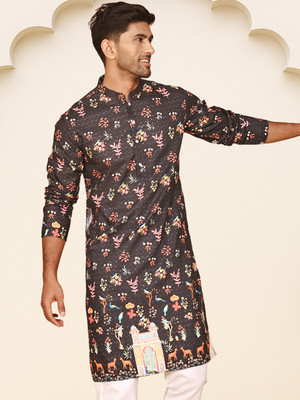 ANOUK Men Printed Straight Kurta(Black)