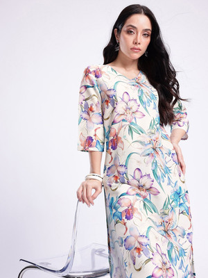 Anouk Rustic Women Floral Print Straight Kurta(White)