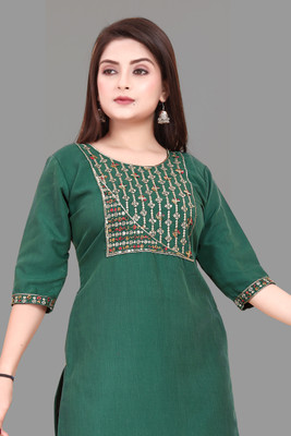 AKK Enterprise Women Embroidered A-line Kurta(Green)