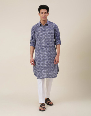 Fabindia Men Woven Design Straight Kurta(Blue)