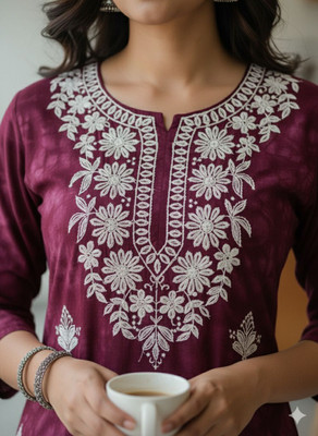 Crystalic Shop Women Embroidered, Dyed/Ombre A-line Kurta(Maroon)