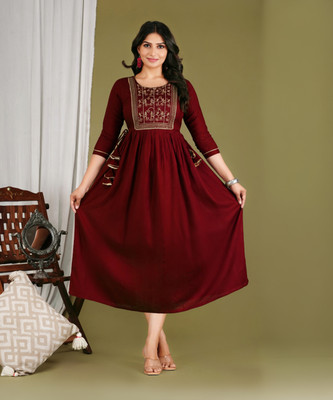 Uroos Women Solid Anarkali Kurta(Maroon)