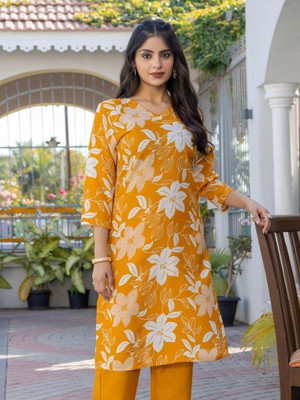 BAPPAWEARS Women Solid, Printed, Floral Print Cape Top Kurta(Yellow)