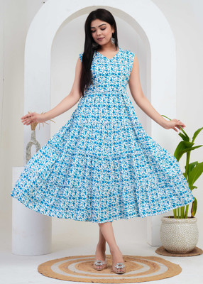 ANEKTA Women Printed Anarkali Kurta(Blue)