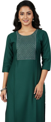Joeline Women Solid, Embroidered Straight Kurta(Dark Green)