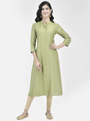 Span Women Self Design A-line Kurta(Green)