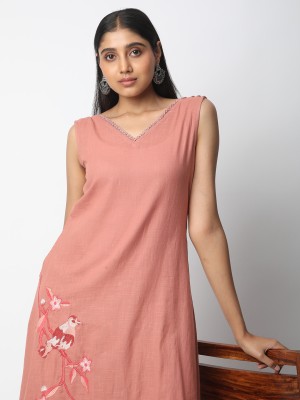 R&B Women Embroidered Straight Kurta(Pink)