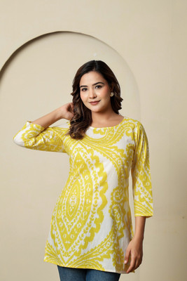 El Cielo Women Printed Straight Kurta(White, Yellow)