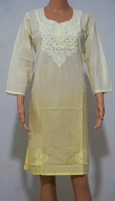 Shree Ratan Women Embroidered, Chikan Embroidery Straight Kurta(Yellow)