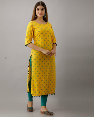 Demirner Women Printed Straight Kurta(Yellow)