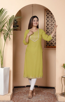 his&her Women Embroidered, Embellished Straight Kurta(Green)