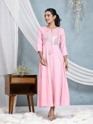 Karagre Women Embellished Flared Kurta(Pink)