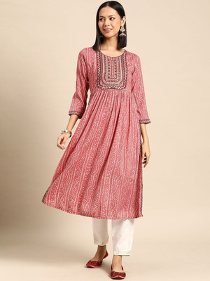 ANOUK Women Printed Anarkali Kurta(Pink)