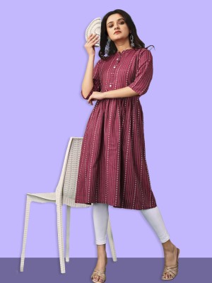 Ladylaz Women Embroidered A-line Kurta(Maroon, White)