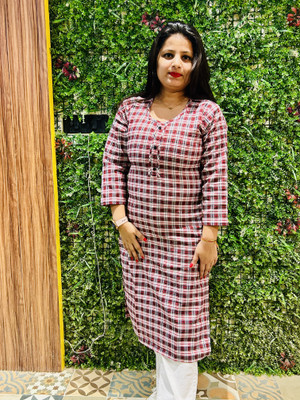HouseOfCommon Women Checkered Straight Kurta(Red, White)