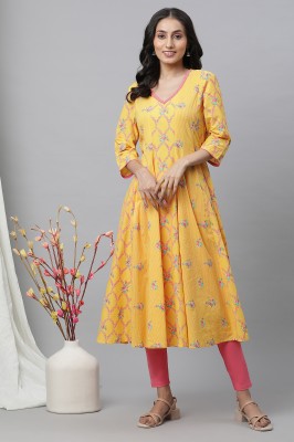 Aurelia Women Floral Print Flared Kurta(Yellow)