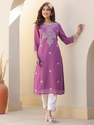 Janasya Women Embroidered Straight Kurta(Purple)