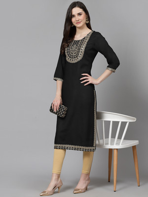 ki and ka Women Embroidered Straight Kurta(Black)