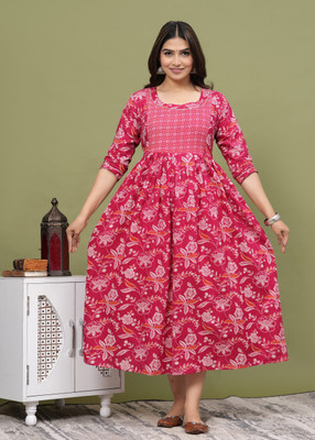Qadri Textiles Women Printed Gown Kurta(Pink)