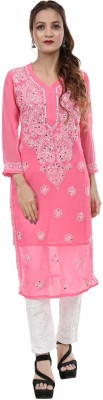 Beauty Chikan Emporium Women Chikan Embroidery A-line Kurta(Gold)