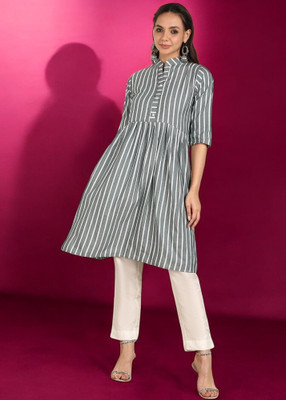 Ladylaz Women Striped Straight Kurta(Grey, White)