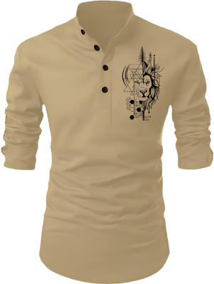 hfm Men Printed Straight Kurta(Beige)