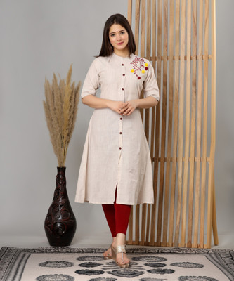 HEARTLOOM Women Embroidered A-line Kurta(Beige)