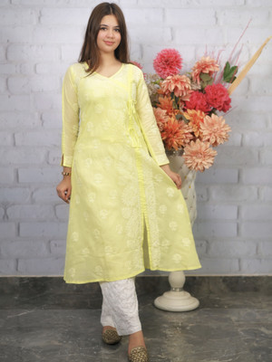 Chikirpolo Women Chikan Embroidery A-line Kurta(Yellow)