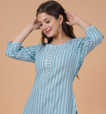 Rimeline Women Striped Straight Kurta(Blue, White)