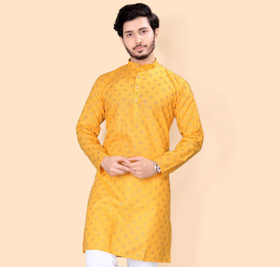 Nnc Men Geometric Print Straight Kurta(Yellow)