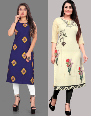 tanvi creation Women Printed Straight Kurta(Beige, Blue)