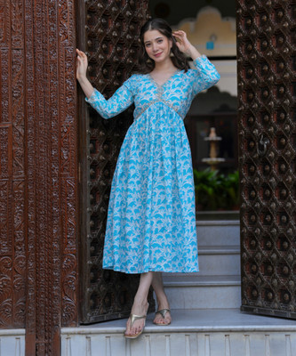 KPF Women Printed Anarkali Kurta(Blue)