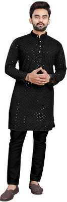 Hayanenterprise Men Embellished Straight Kurta(Black)