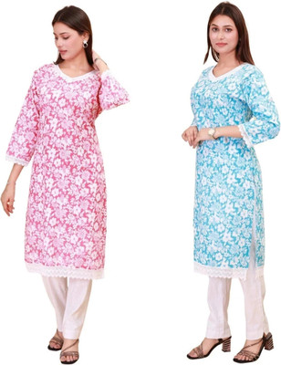 Sukkas Women Floral Print, Printed A-line Kurta(Blue, Pink)