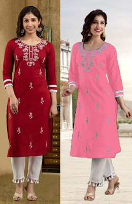vikshi Women Chikan Embroidery Straight Kurta(Multicolor)