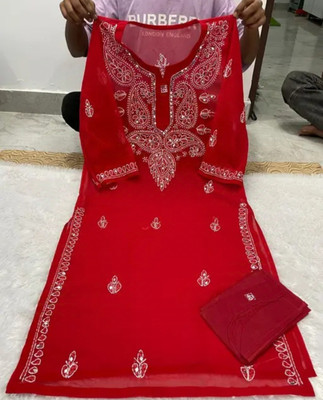Chikankari by zainab Women Chikan Embroidery Straight Kurta(Red)