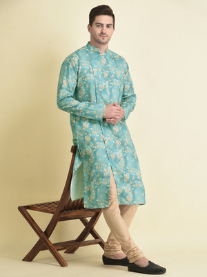 Tabard Men Printed Asymmetric Kurta(Blue)
