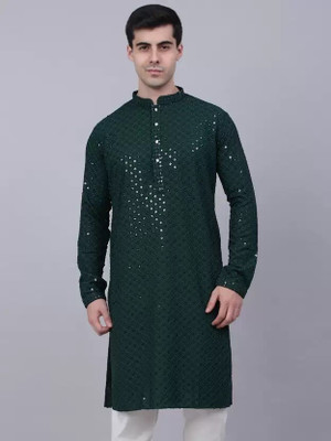 SONBAI Men Embroidered, Chikan Embroidery A-line Kurta(Dark Green)